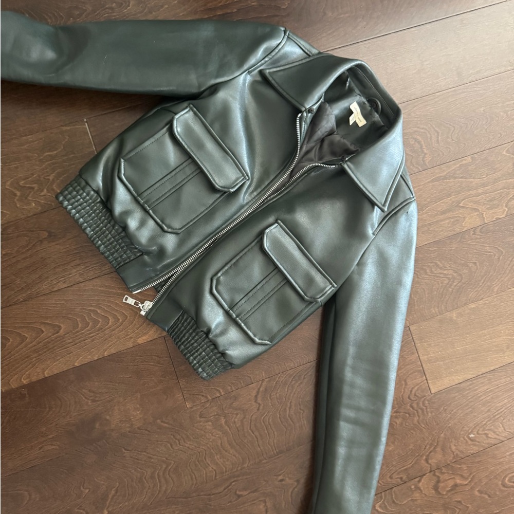 silence + noise Dark Green Faux Leather Bomber Jacket